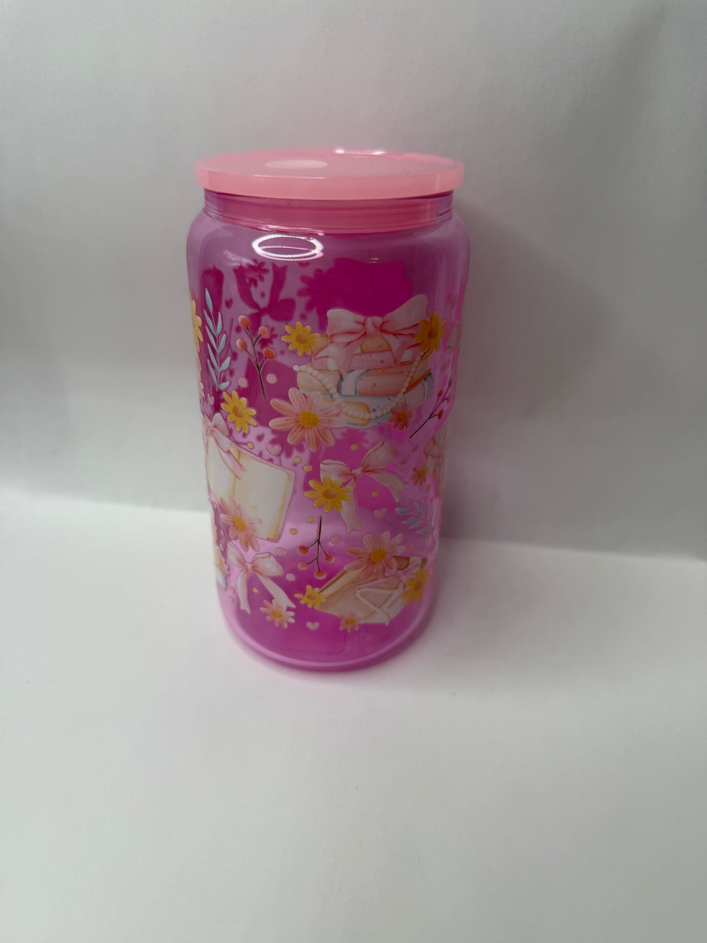 bows and books 16oz glass can