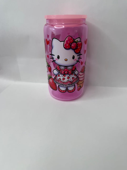 strawberry kitty 16oz glass can