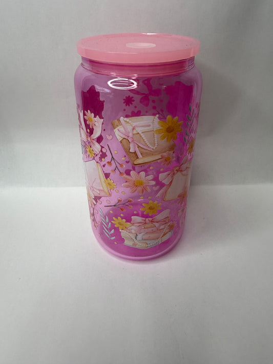 bows and books 16oz glass can