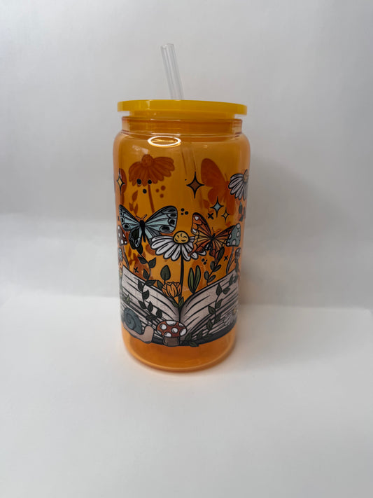 boho bookish 16oz glass can