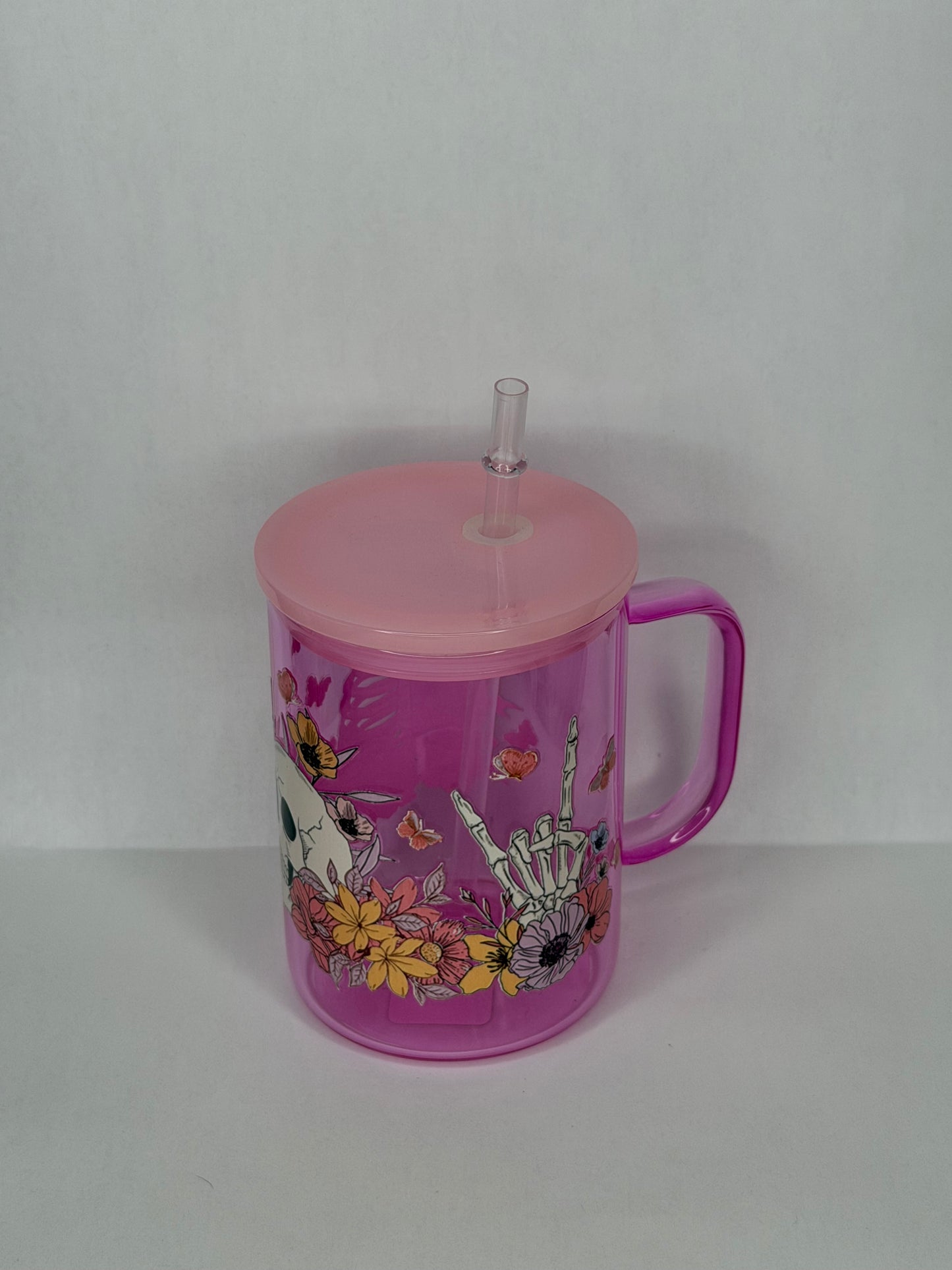 skull floral 16oz glass can