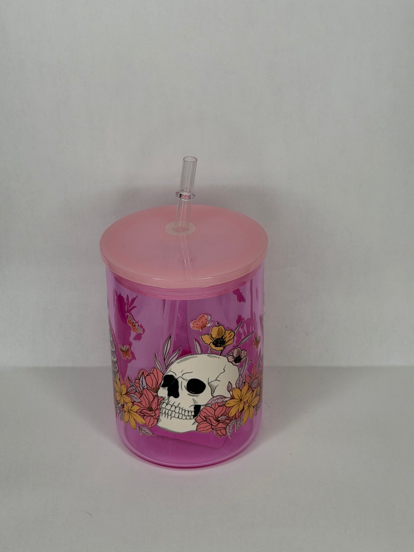 skull floral 16oz glass can