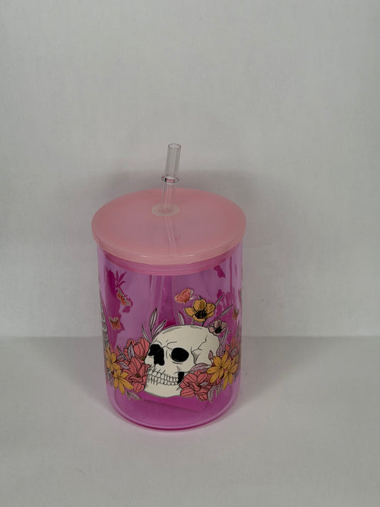 skull floral 16oz glass can