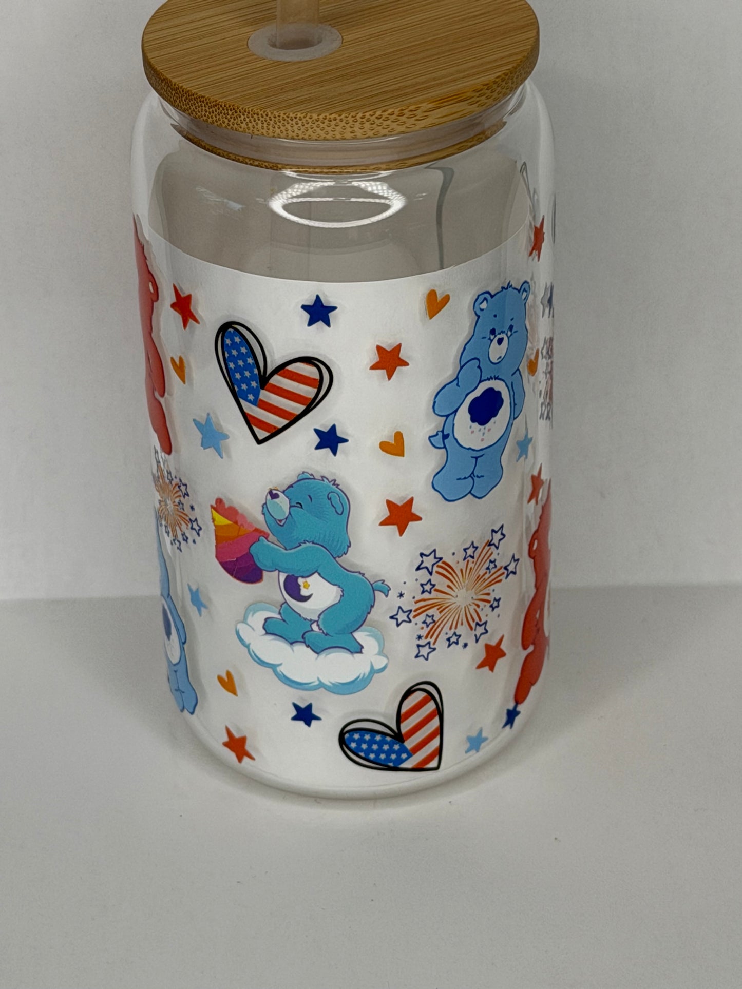 4th of July care bear 16oz glass can