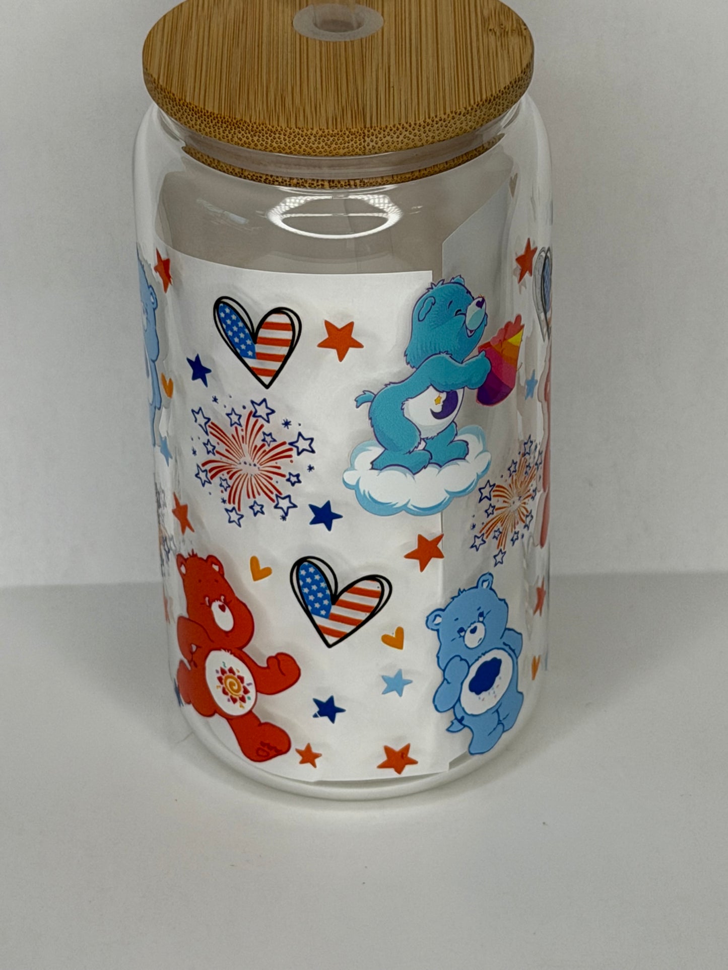 4th of July care bear 16oz glass can